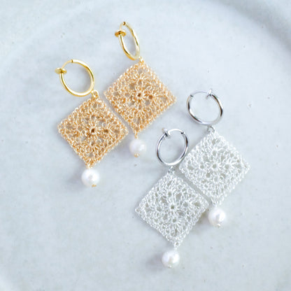 Traditional Lace Square Motif Earrings/Clip-ons