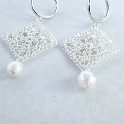 Traditional Lace Square Motif Earrings/Clip-ons