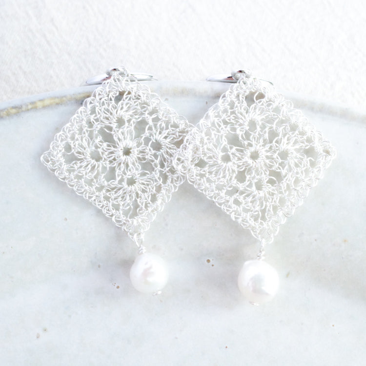 Traditional Lace Square Motif Earrings/Clip-ons