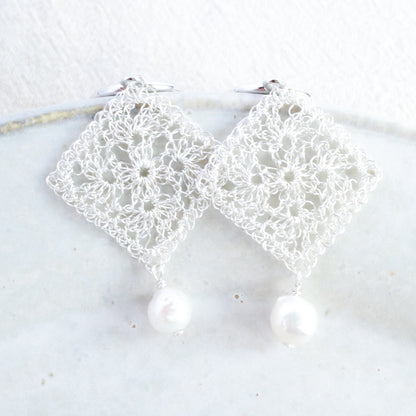 Traditional Lace Square Motif Earrings/Clip-ons