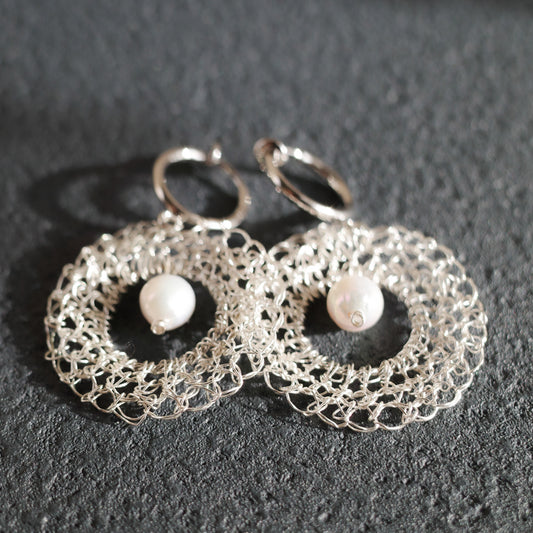 Wire lace and freshwater pearl earrings