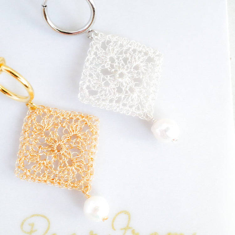 Traditional Lace Square Motif Earrings/Clip-ons