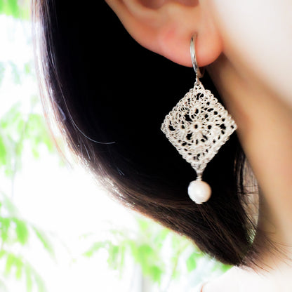 Traditional Lace Square Motif Earrings/Clip-ons