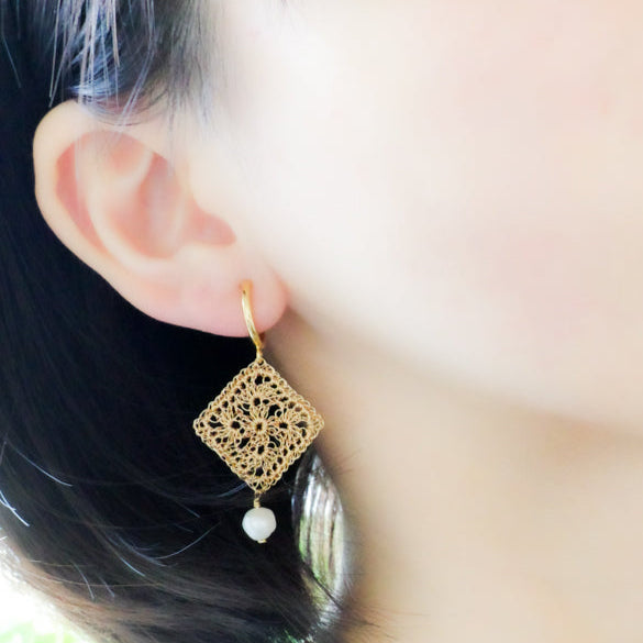 Traditional Lace Square Motif Earrings/Clip-ons