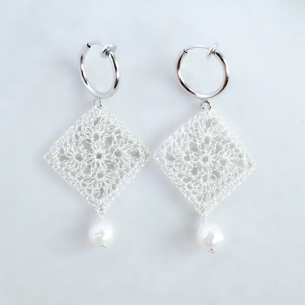 Traditional Lace Square Motif Earrings/Clip-ons