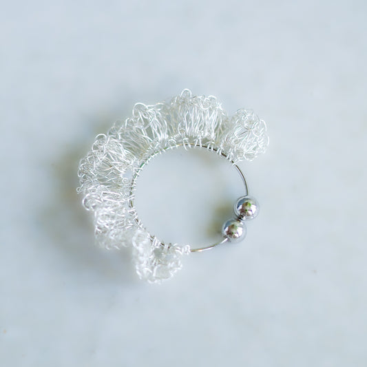 Generously frilled wire crochet ear cuff in silver