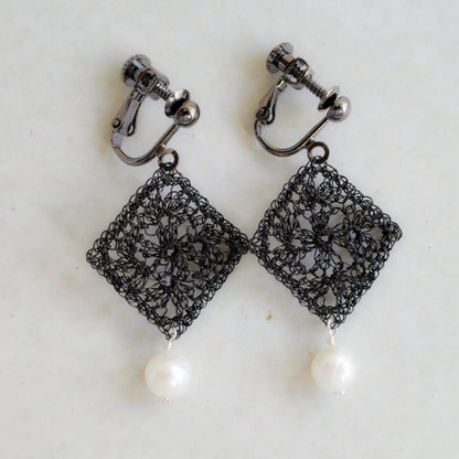 Traditional Lace Square Motif Earrings/Clip-ons