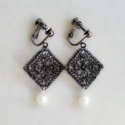 Traditional Lace Square Motif Earrings/Clip-ons