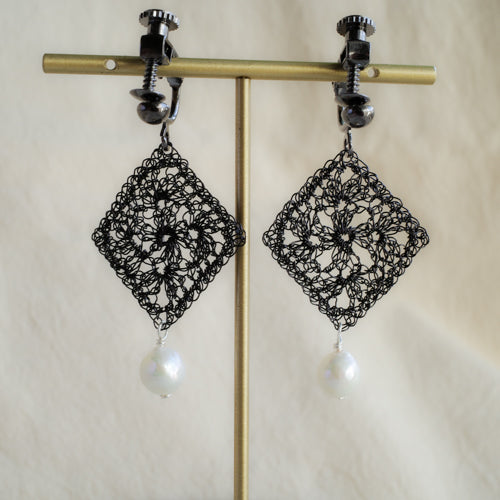 Traditional Lace Square Motif Earrings/Clip-ons