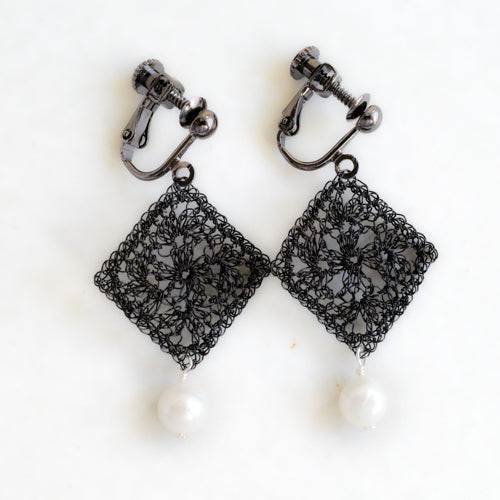 Traditional Lace Square Motif Earrings/Clip-ons